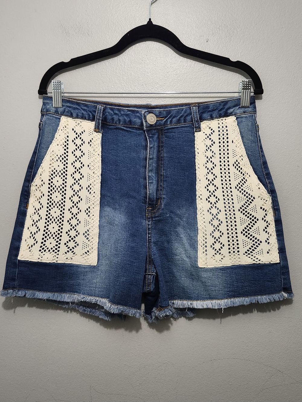 K Jordan Blue Denim Shorts with Cream Crochet Panels Size 12 New Without Tags
